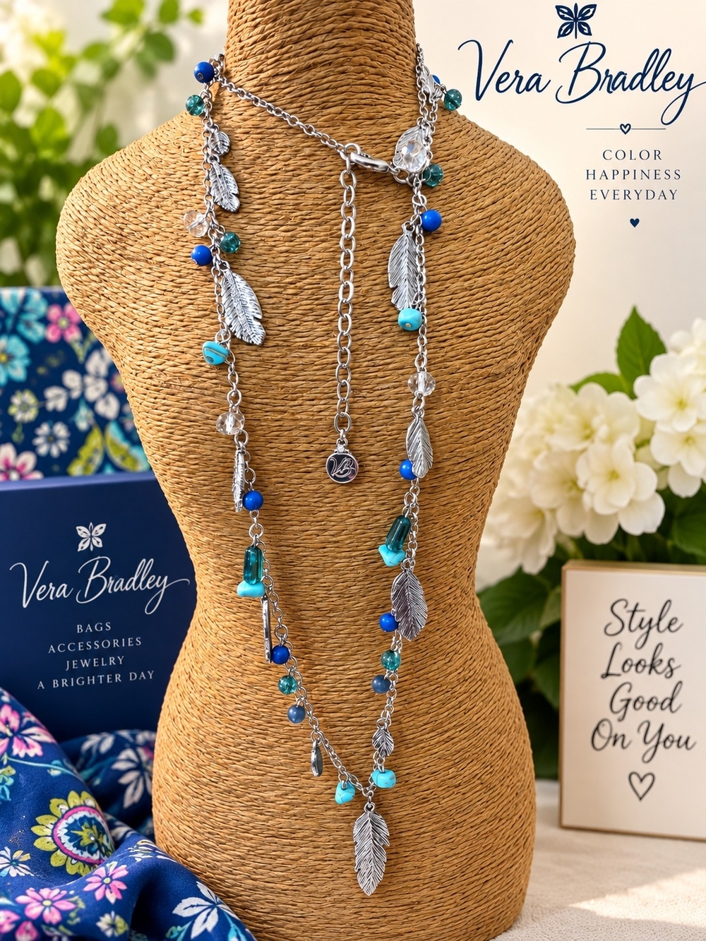 Vera Bradley Blue & Teal Feather Station Necklace